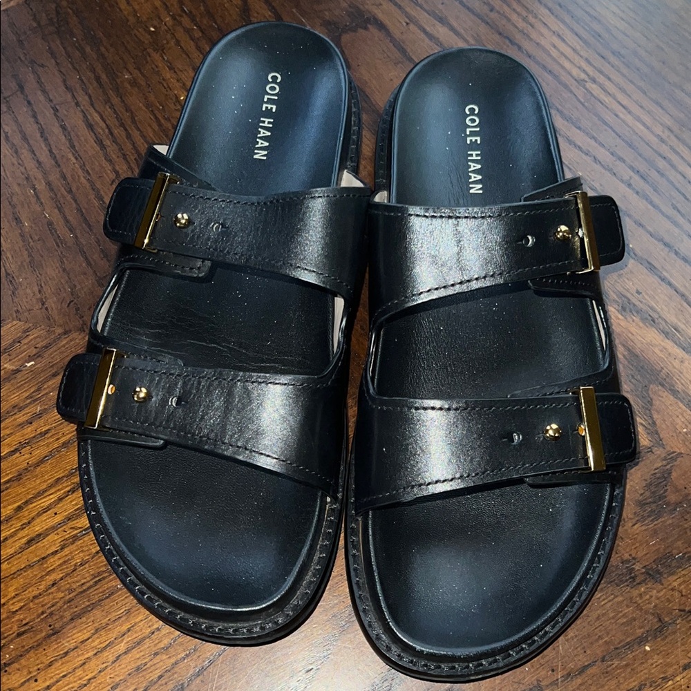 Cole Haan Black Slide Sandals with Gold Accents Size 9 Comfortable & classy